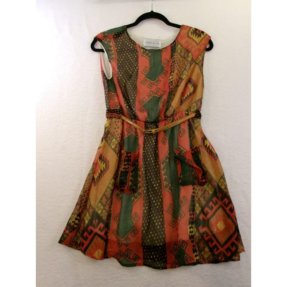 Paris & Me Boutique Tribal Geometric Print Belted Fit & Flare Dress Womens‎ M